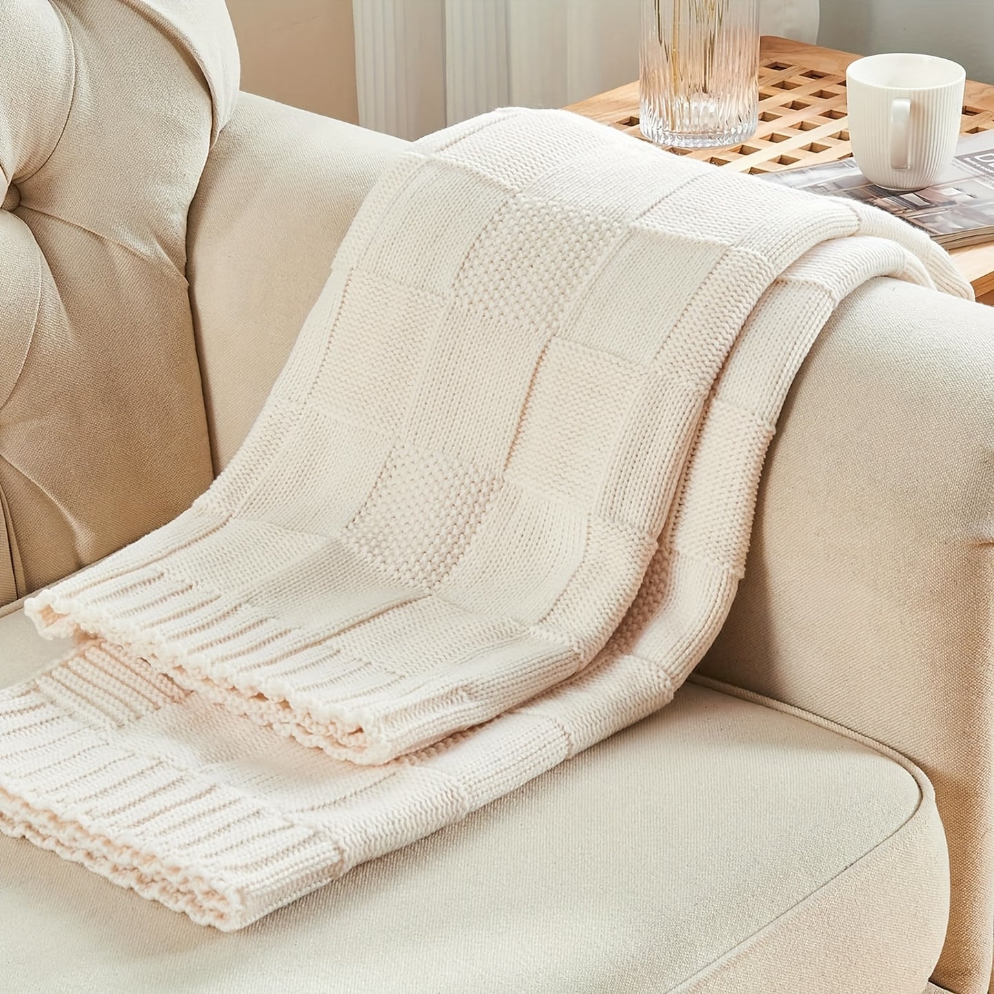 Nordic Style Grid-Pattern Blanket - Vibrant Orange All-Season Multi-Use Throw for Office, Sofa & Camping - Machine Washable Cozy Home Decor, Nordic Design, Textured Warmth