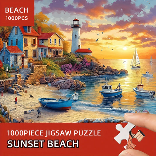 1000pcs Beach Sunset Jigsaw Puzzle - Town Scene 27.56x19.69inch; Large Paper Puzzle for Adults & Families - Perfect for Relaxation