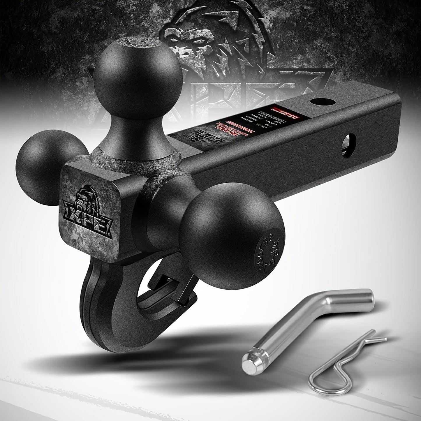 Trailer Hitch Tri Ball Mount with Hook, Fits 2" Hitch Receiver, 1-7/8", 2"& 2-5/16"Matt Black Plated Balls, Secure with Self-Lock Latch, 10, 000 LBS GTW, for RV, SUV, ATV And Truck Etc, XPE