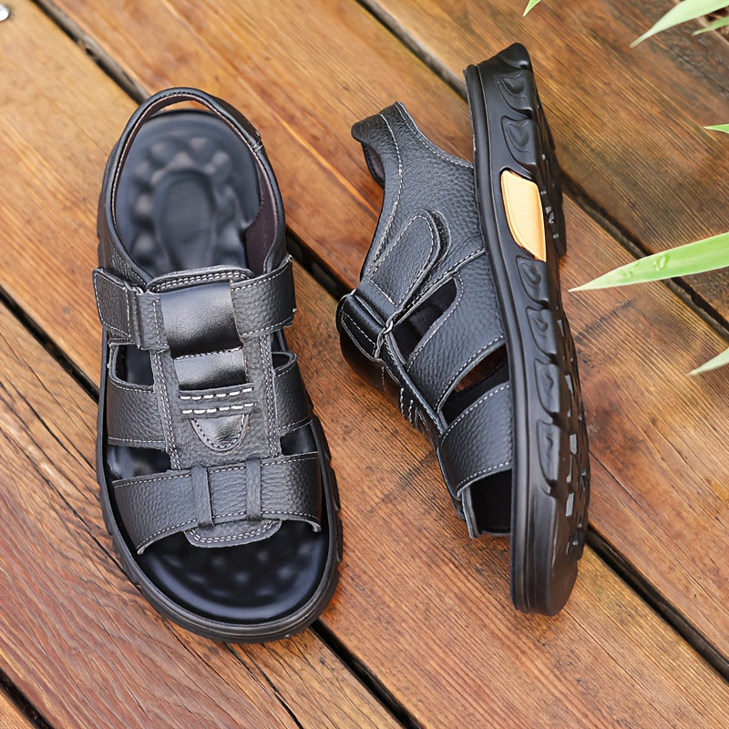 2023 New Men's Genuine Leather Casual Beach Sandals - Slip-On Adjustable Straps, Soft PU Sole, Breathable Summer Vacation Shoes for Driving & Outdoor Activities (Solid Color), Summer Sandals