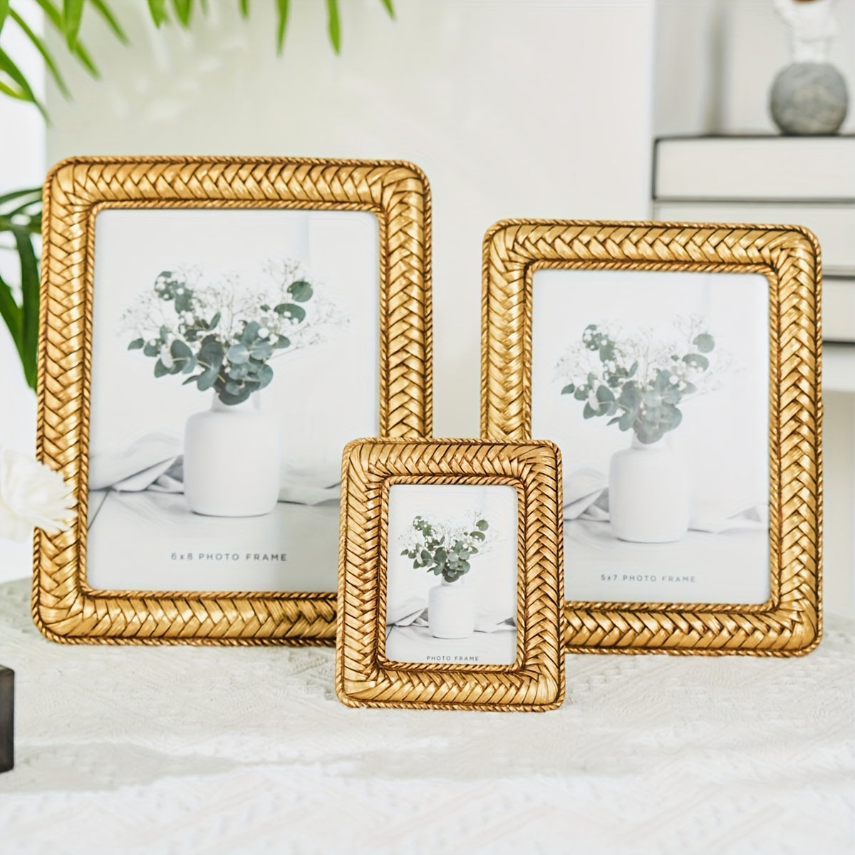 Picture Frames / 1pc Golden Woven Pattern Resin Photo Frame - Modern Creative Tabletop Decor for Bedroom, Study, or Office, Multiple Styles Available, Simple yet Elegant Design for Photo Display, Office Decor | Decorative Frame | Textured Fin