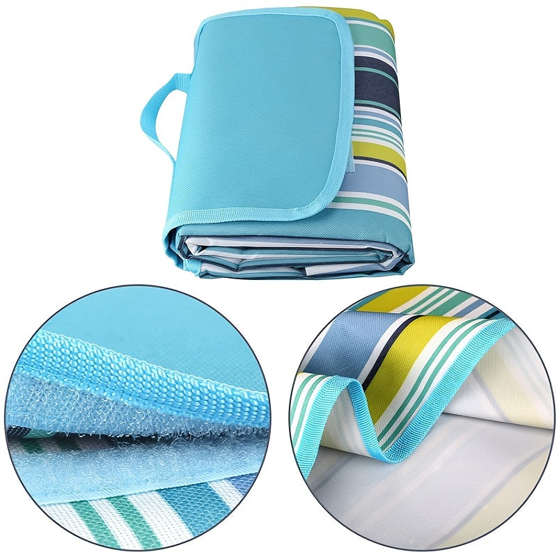 Oversized 80" x 60" Outdoor Picnic Blanket - Portable Beach Mat with Vibrant Blue & Green Stripes, Durable Oxford Cloth, Ideal for Camping, Hiking, and Vacation, All-Season Use, Camping Essentials | Vibrant Striped Design | D