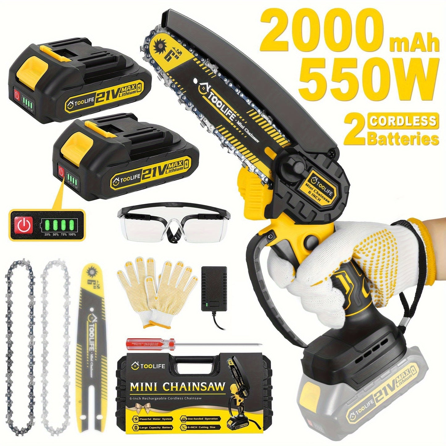 Mini Chainsaw Cordless, 6 Inch Handheld Electric Portable Power Chainsaw, 2 Rechargeable Batteries And Toolbox, Tree Trimming Wood Working & Cutting. Courtyard, Household, Survival Outdoor Tools. Gardening Supplies & Equipmen