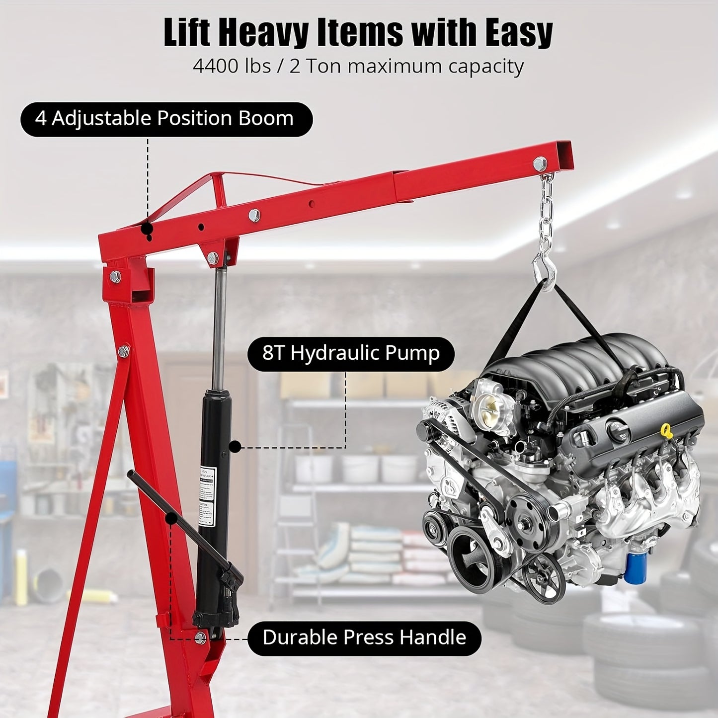 2-Ton Capacity 4400LBS Mobile Hydraulic Engine Hoist with 6 Wheels - Heavy Duty Folding Cherry Picker Crane for Engine Loading & Lifting, Compact Design for Mechanics, Shops, and Construction, Vehicle Maintenance, Robust Cons