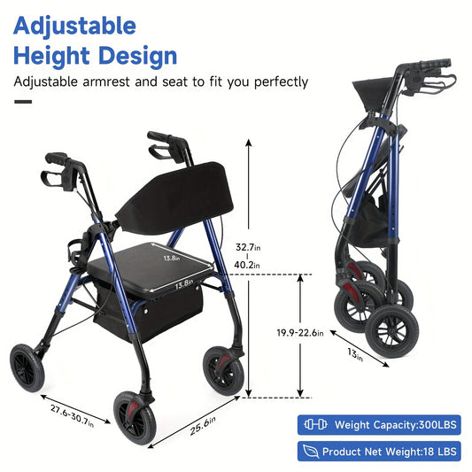 "8"" Inch Big Wheel All-Terrain Rollator Walker with Tray, Padded Seat & Backrest, Under-Seat Basket for Seniors"