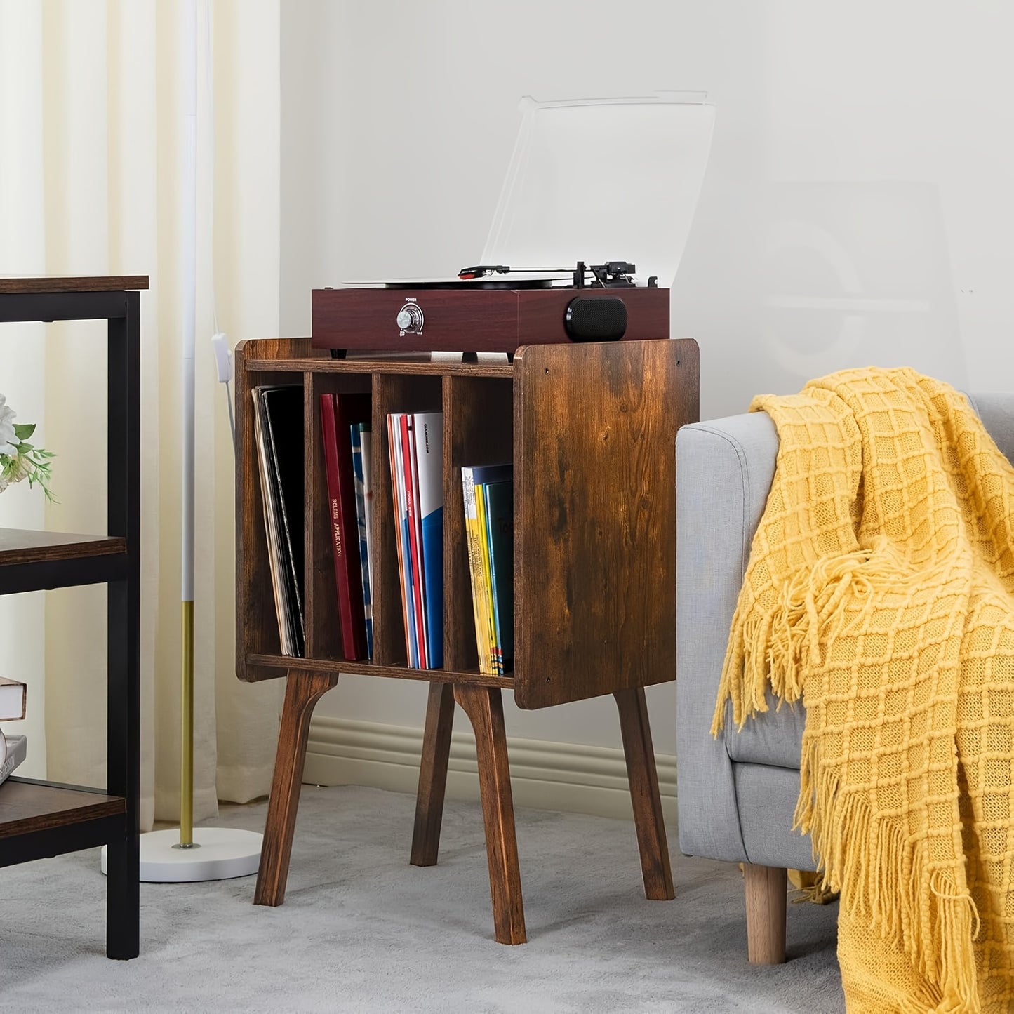 Record Player Stand, Black Vinyl Record Storage Table With 4 Cabinet Up To 100 Albums, Mid-Century Turntable Stand With Wood Legs, Vinyl Holder Display Shelf For Lab