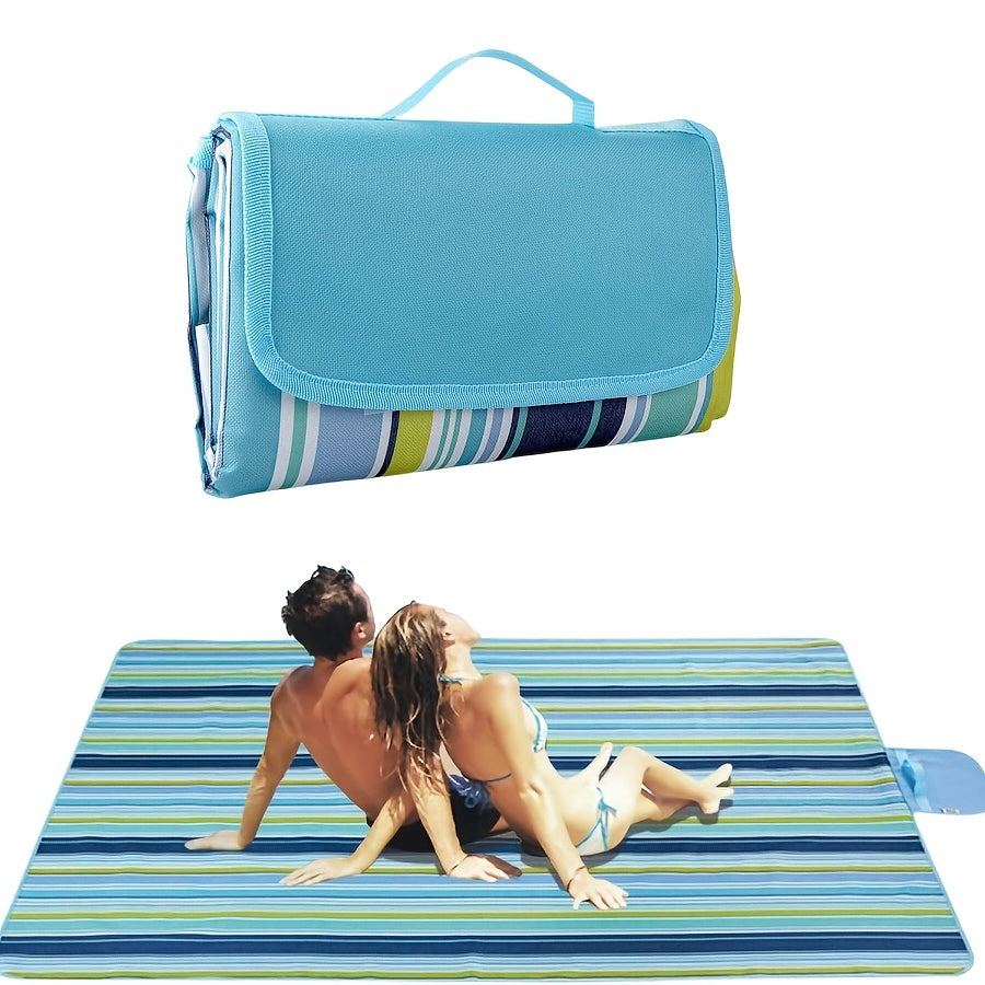 Oversized 80" x 60" Outdoor Picnic Blanket - Portable Beach Mat with Vibrant Blue & Green Stripes, Durable Oxford Cloth, Ideal for Camping, Hiking, and Vacation, All-Season Use, Camping Essentials | Vibrant Striped Design | D