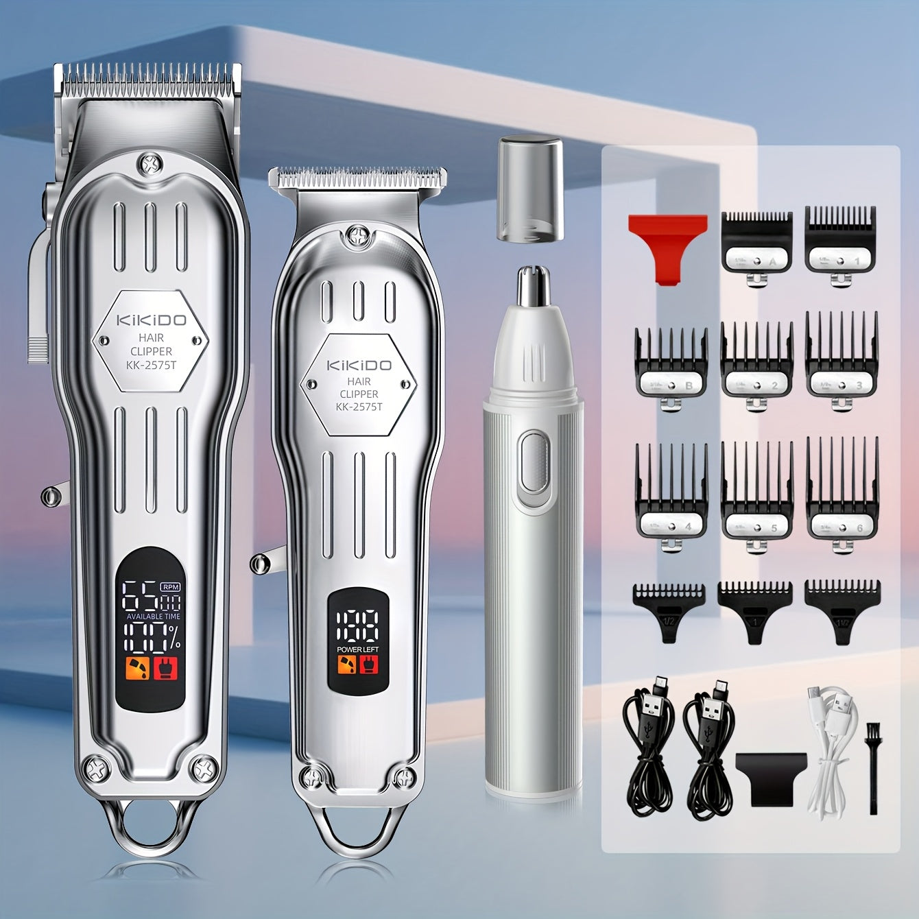 KIKIDO KK-2575T Men's Hair Clipper Set - 2-in-1, High-Speed, Zero Gap Blade, LCD Display, Rechargeable Wireless | 11 Limit Combs, Home & Salon Use