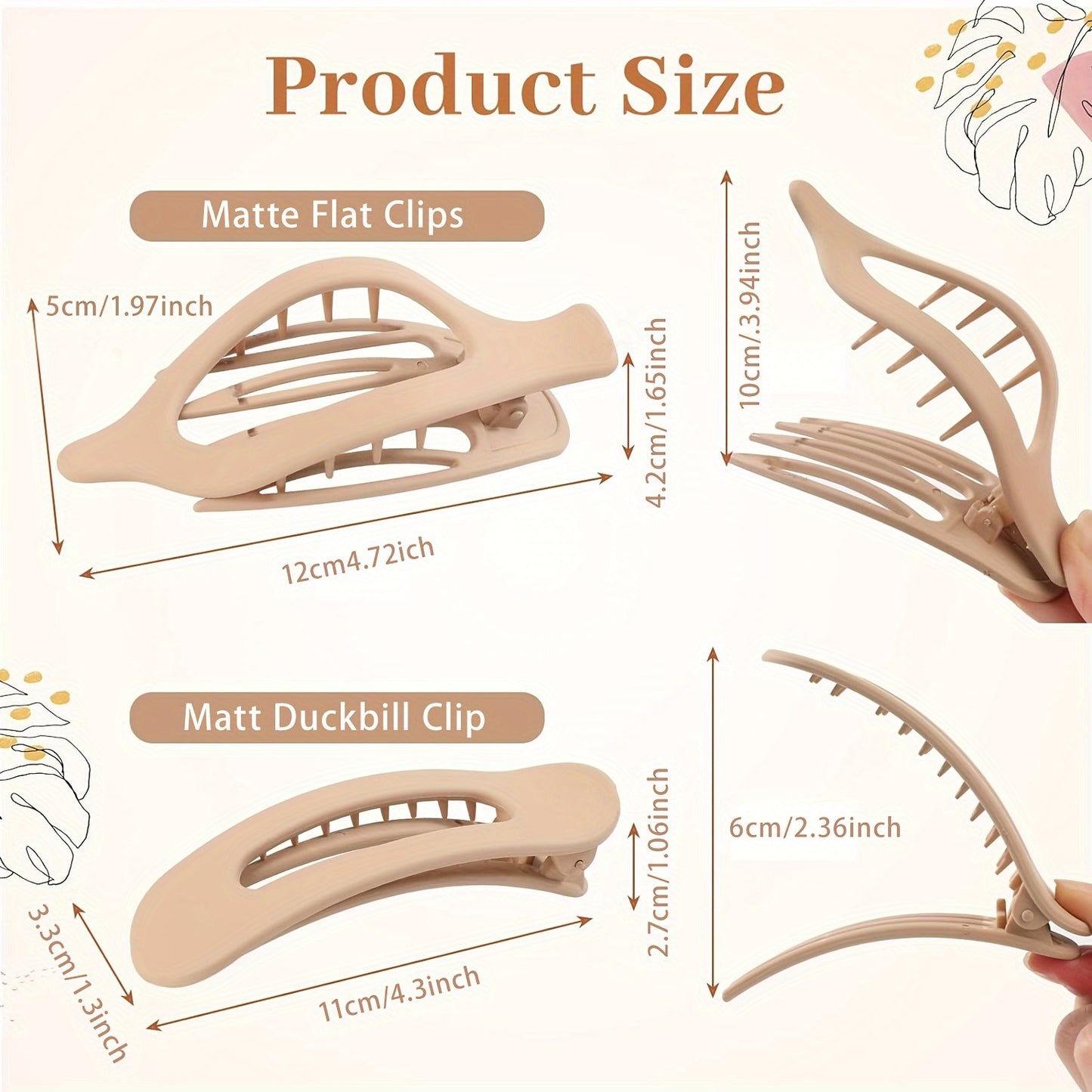 6pcs/Set French Concord Hair Clips Claw - Matte Side Slid Flat Hair Clips - Strong Hold No Slip Grip Hair Claw Clips For Thick Thin Hair (Matte Flat Clips)