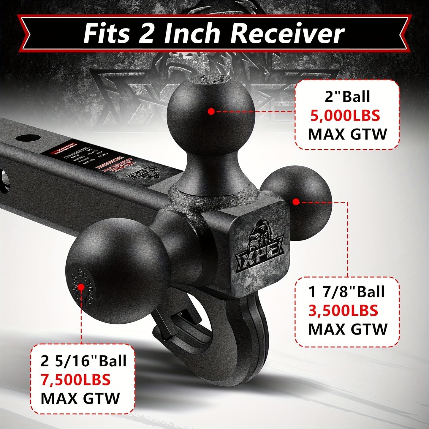 Trailer Hitch Tri Ball Mount with Hook, Fits 2" Hitch Receiver, 1-7/8", 2"& 2-5/16"Matt Black Plated Balls, Secure with Self-Lock Latch, 10, 000 LBS GTW, for RV, SUV, ATV And Truck Etc, XPE