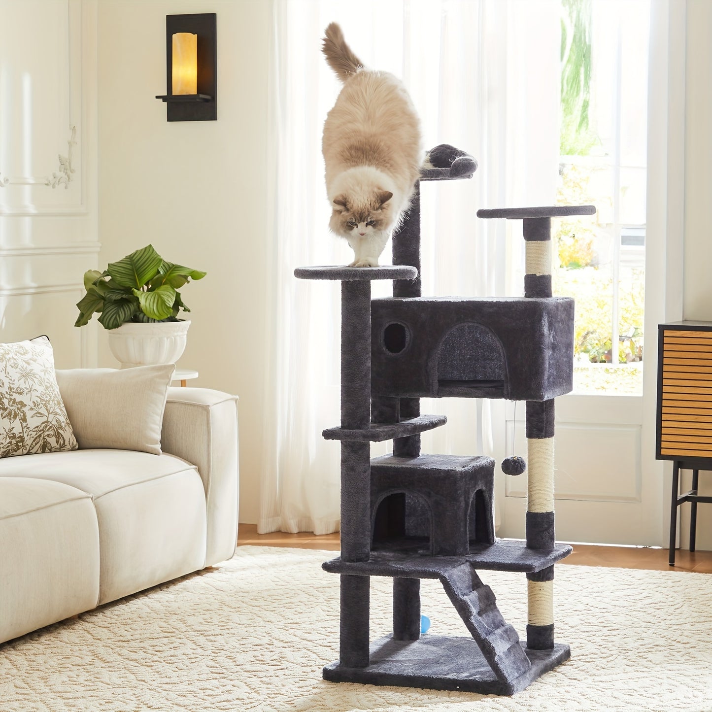 54in Cat Tree for Indoor Cats, Multi-Level Cat Tree Tower with Sisal Scratching Post, Pet House with 2 Large Condo Bed, Kitty, Kitten Toy Tree Tower, Cat Tree for Large Small Cats with Anti-Tilt Device