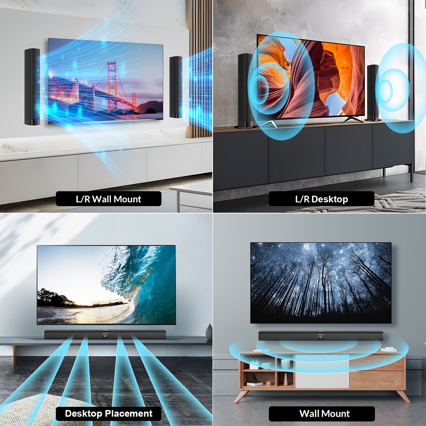 60W TV Speakers, Smart TV Speakers Wireless Speaker, Wired and Wireless Speakers, with ARC/ Optical/ AUX Connection, Detachable 32inch Speakers