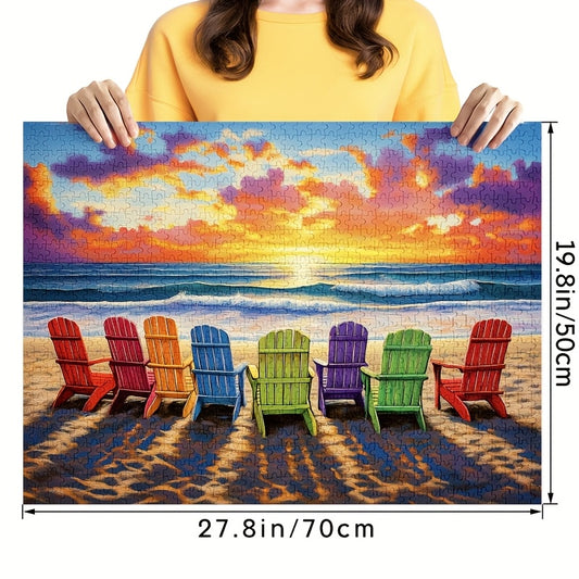 1000pcs Colorful Beach Chair Jigsaw Puzzle - Vibrant Coastal Scene with Red, Green, Blue & Yellow Chairs on Sandy Beach - Large Puzzle - Perfect Gift for Family fun