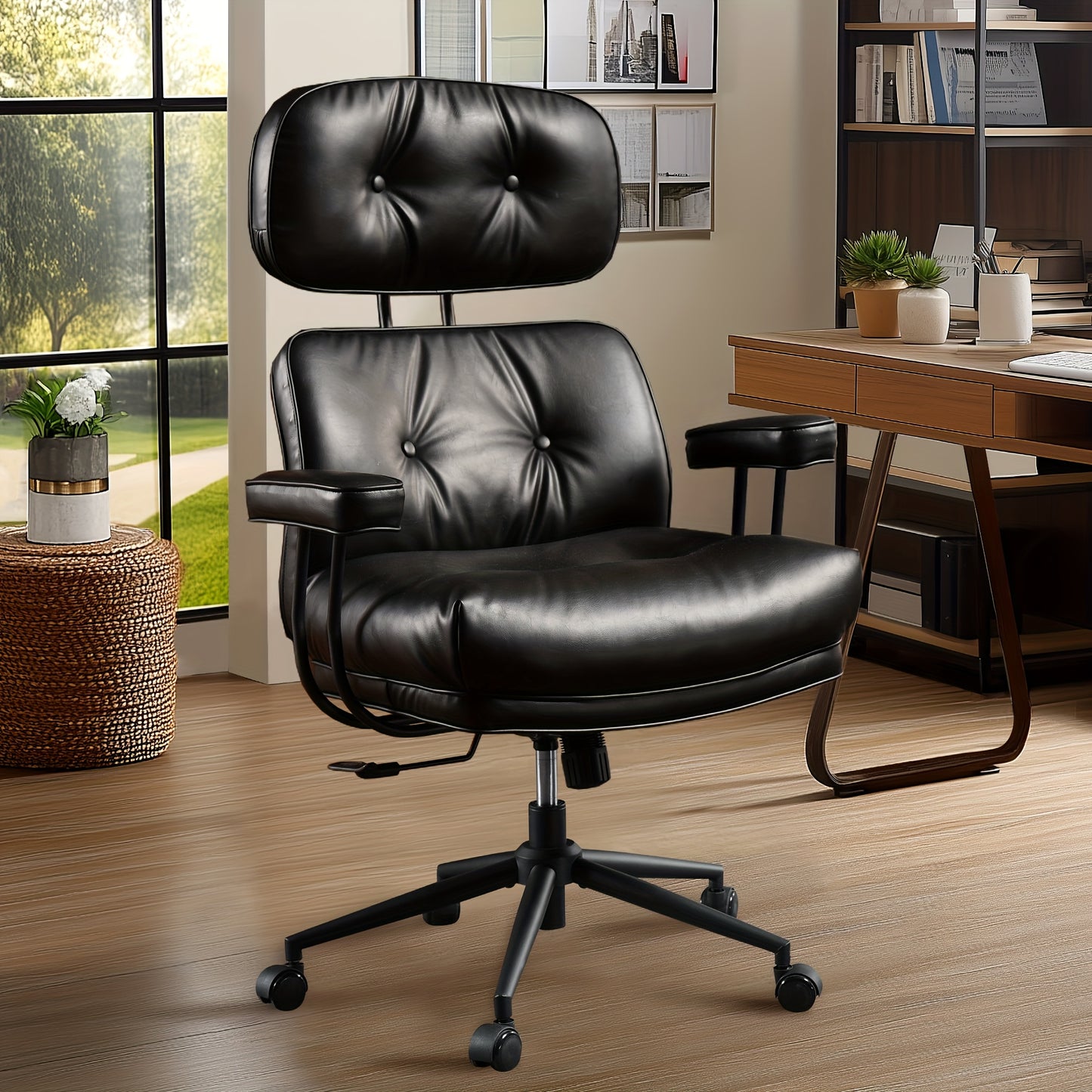 Oversized Modern PU Leather Executive Chair - Ergonomic High-Back Office Chair with Lumbar Support, Adjustable Height & Headrest, Padded Armrests, Heavy-Duty 5-Wheel Base, Manual Recline Mechanism, Smooth-Rolling Wheels for H
