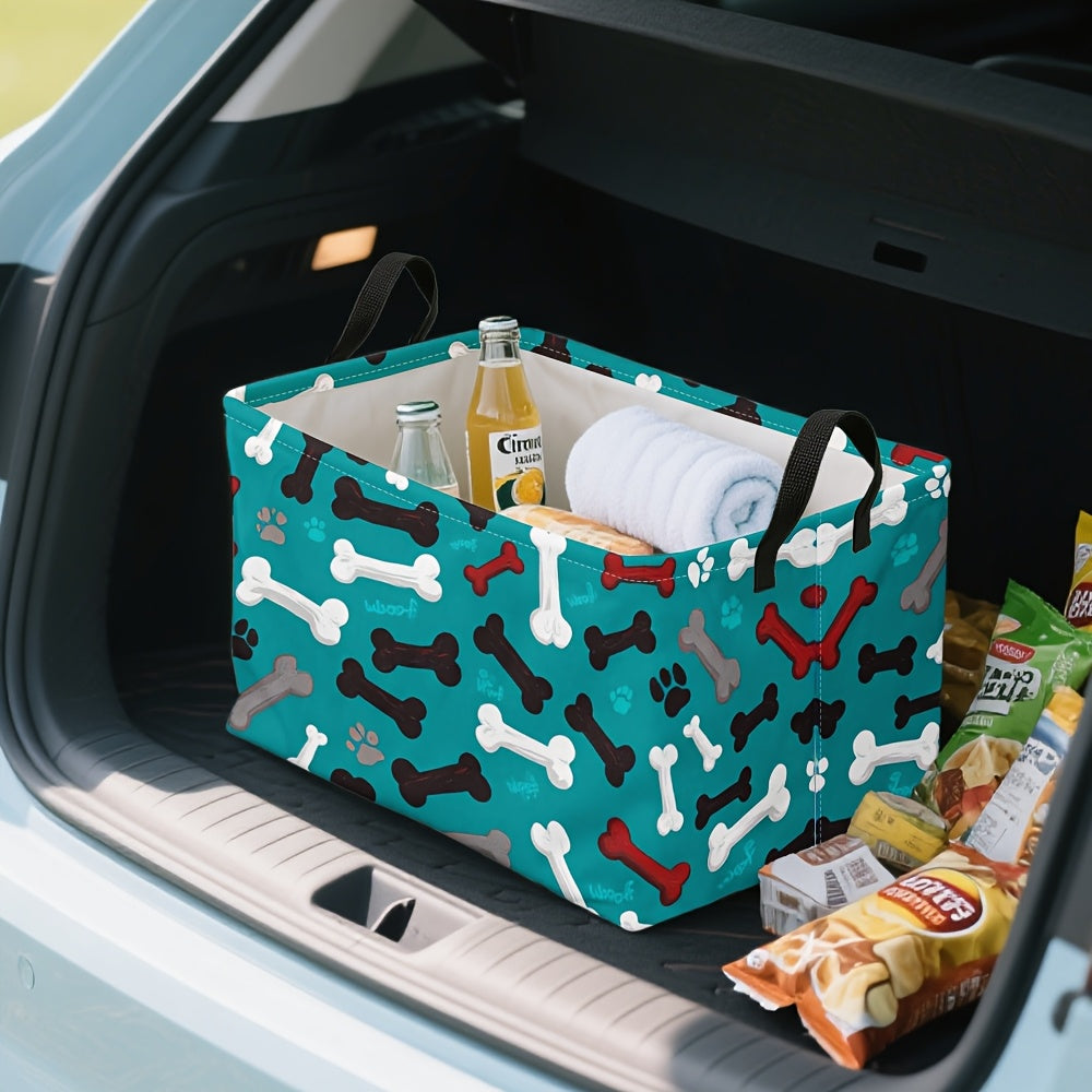 Pet Toy Organizer / 1pc Extra Large Teal Dog Paw Bones Pattern Storage Basket, Foldable Oxford Bin with Metal Frame