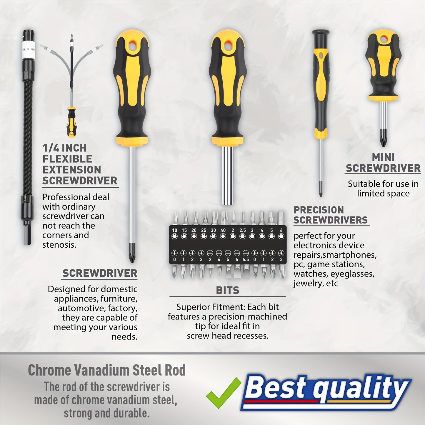 43pcs Professional Screwdriver Set with Magnetic Bit Holder - Chrome Vanadium Steel, Includes Slotted, Phillips, Hex, Torx Bits & Precision Tools - Durable Repair Kit for DIY & Industrial Use