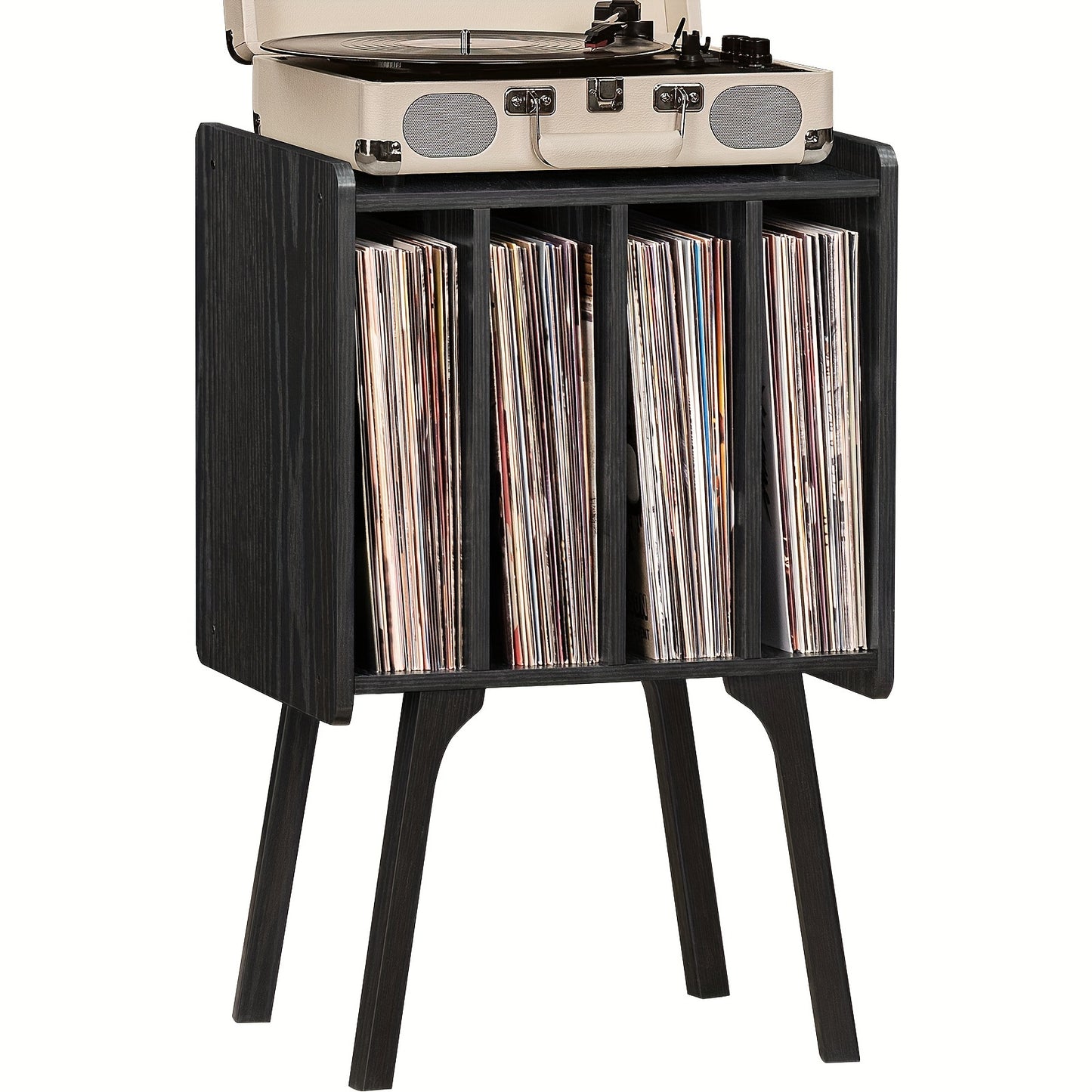 Record Player Stand, Black Vinyl Record Storage Table With 4 Cabinet Up To 100 Albums, Mid-Century Turntable Stand With Wood Legs, Vinyl Holder Display Shelf For Lab