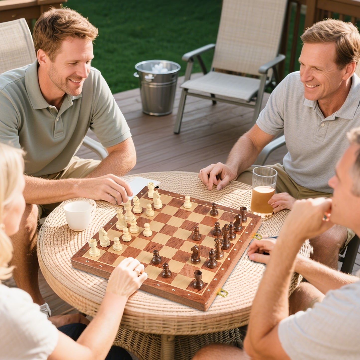 Chess / 15" x 15" Premium Folding Chess Set - Handcrafted Solid Wood Pieces, Classic Design with Black & White Checkers, Includes 2 Rooks, 2 Knights, 2 Bishops, 2 Queens, 1 King, 1 Knight, 1 Bishop, 1 Queen, 1 King - Ideal Gift for H