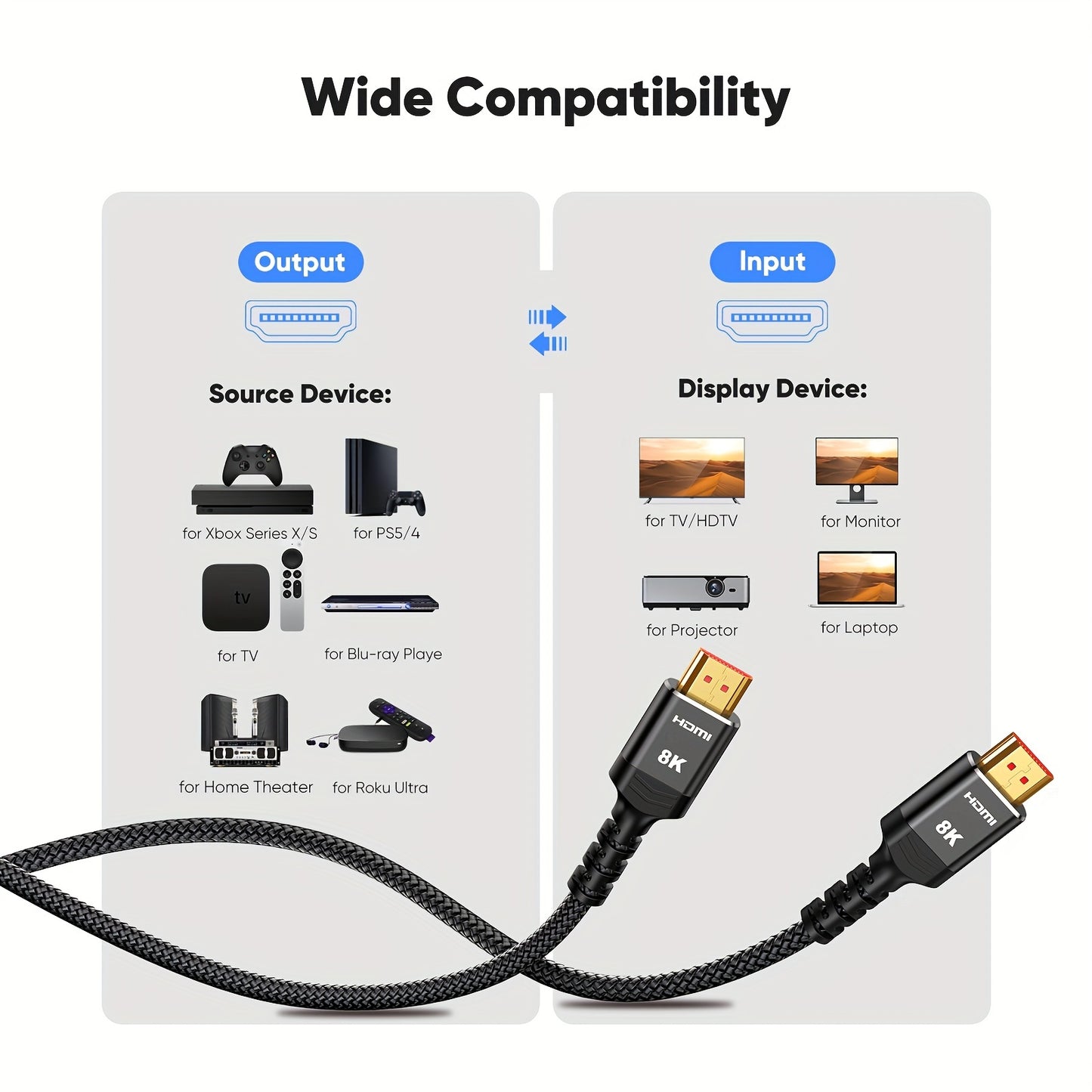 2-Pack 8K 10K HDTV Cable 3.3ft/6.6ft/10ft, 48Gbps High Speed HDTV 2.1 Cord Nylon Braided Slim 8K@60Hz, 4K@120Hz 144Hz, HDCP 2.2&2.3, eARC, Dynamic HDR, DTS:X, RTX 3090, Compatible with Roku TV/HDTV/PS5/Blu-ray