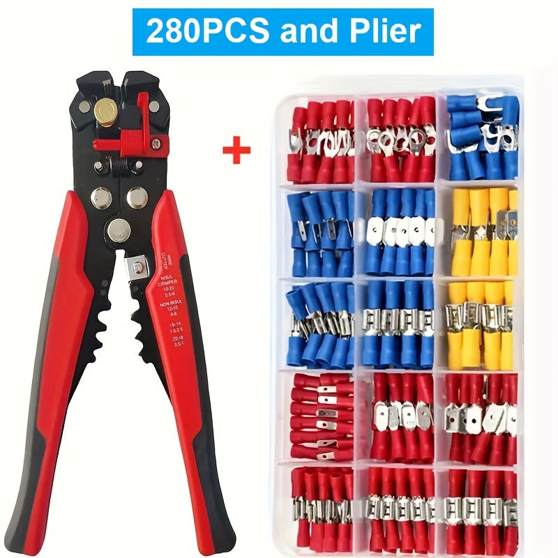 280pcs UMLIFE Spade Crimp Terminal Connector Kit, Copper Contact, Non-insulated, Variety of Insulated Cable Connectors, with 5-in-1 Wire Stripper, for Automotive & Home Wiring Projects, Electrical Crimp Termination