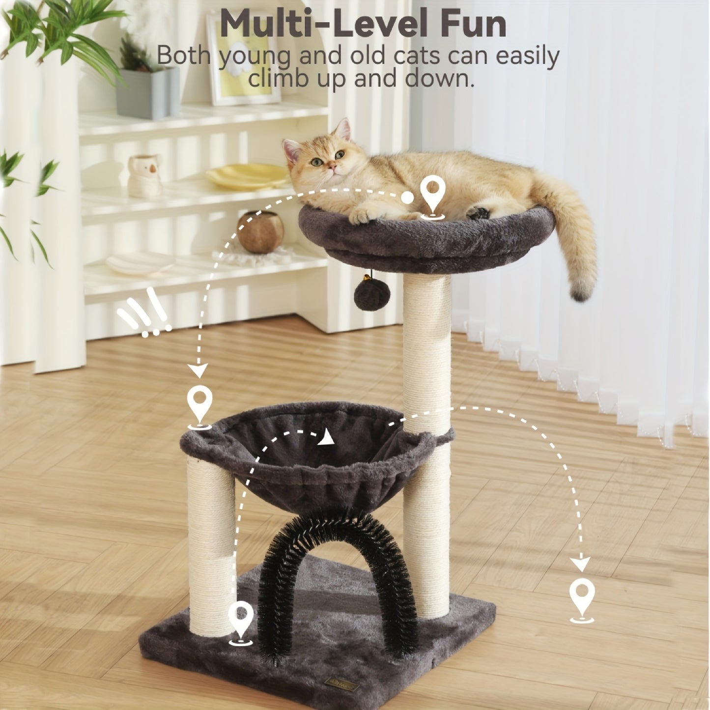 FluffyDream 27.8" Multi-Level Cat Tree Tower for Indoor Cats & Kittens - Creamy Gray Cat Furniture with Scratching Posts, Plush Basket & Perch, Dangling Ball Toy, Sturdy Base & Anti-Topple Design - Easy Assembly, Modern Home