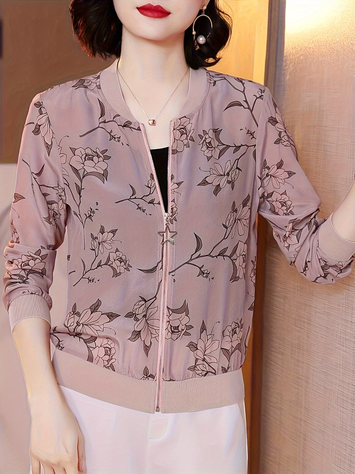 Floral Print Zip Up Lightweight Jacket, Casual Long Sleeve Baseball Collar Outerwear For Spring & Summer, Women's Clothing