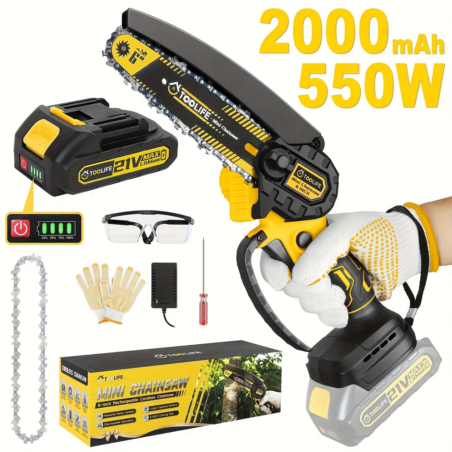 Mini Chainsaw Cordless, 6 Inch Handheld Electric Portable Power Chainsaw, 2 Rechargeable Batteries And Toolbox, Tree Trimming Wood Working & Cutting. Courtyard, Household, Survival Outdoor Tools. Gardening Supplies & Equipmen