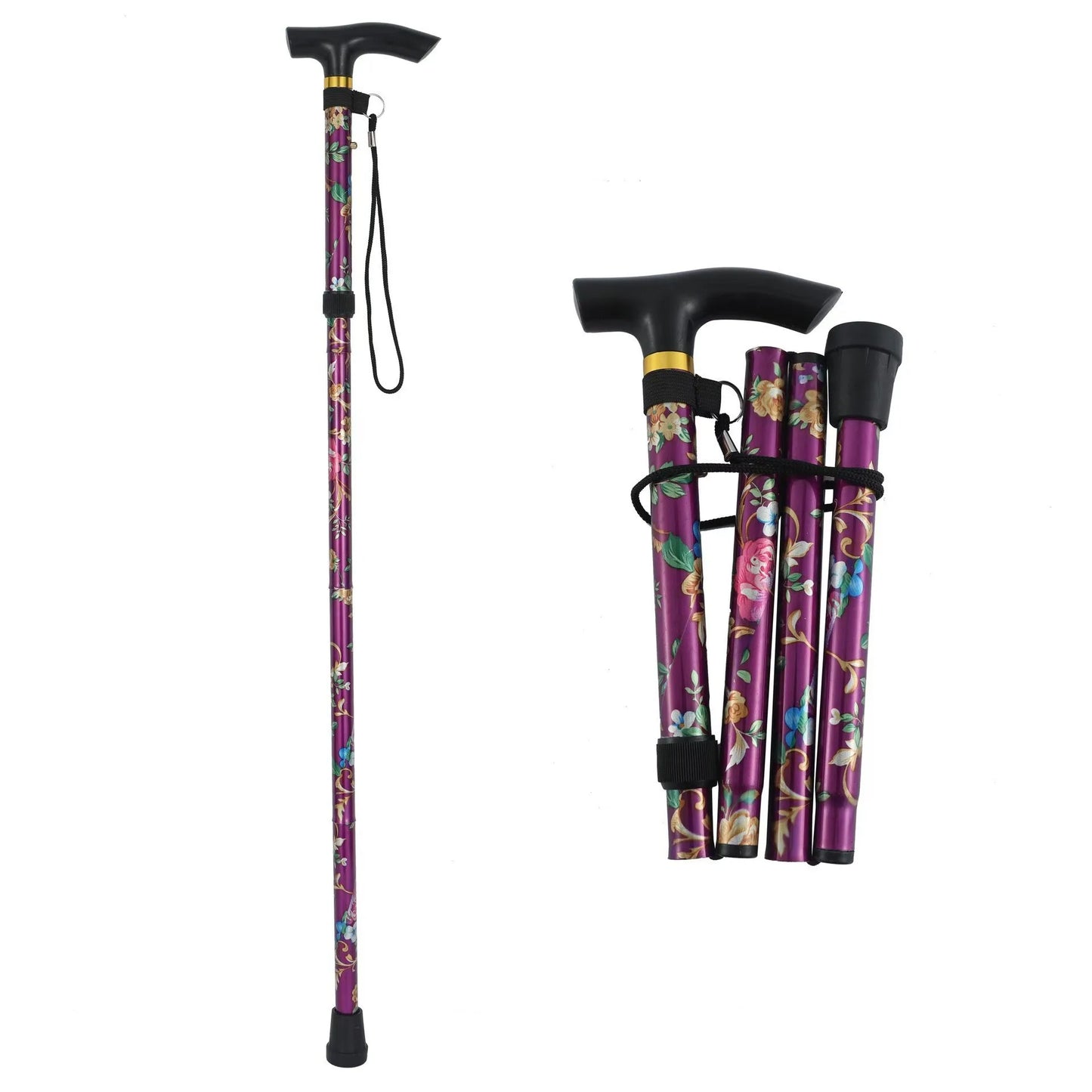 Comfortable T-Handle Printing Poles 5-Level Folding Walking Cane Lightweight Adjustable Portable Hand Walking Stick