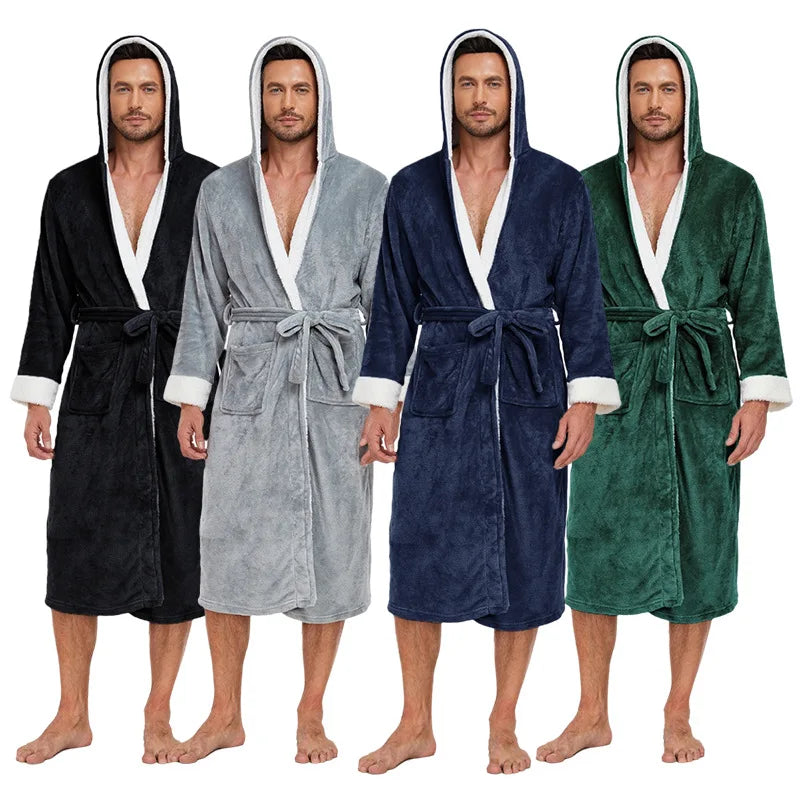 Usa Warehouse Discount Price Winter 5 Star Hotel Plush Hooded Fleece Long Bathrobes Pyjamas Men Sleepwear Stripe Bath Robe