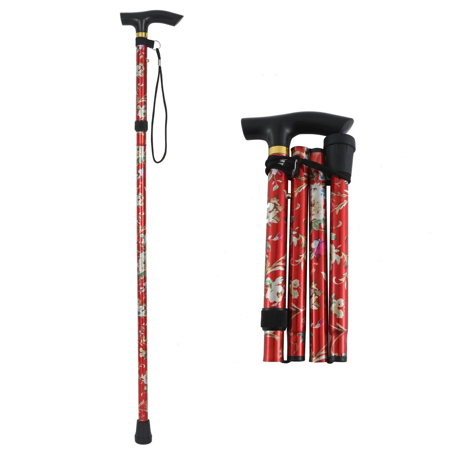 Comfortable T-Handle Printing Poles 5-Level Folding Walking Cane Lightweight Adjustable Portable Hand Walking Stick