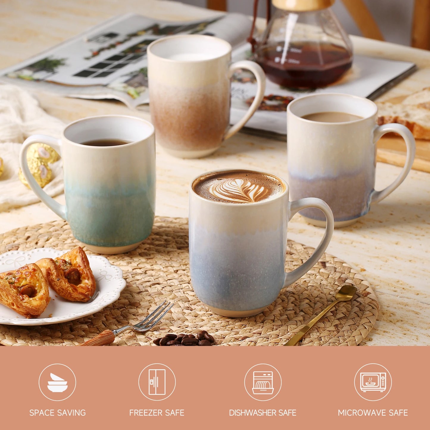 12oz Coffee Mugs Set with Handle / Ceramic Coffee Mugs / Set of 4