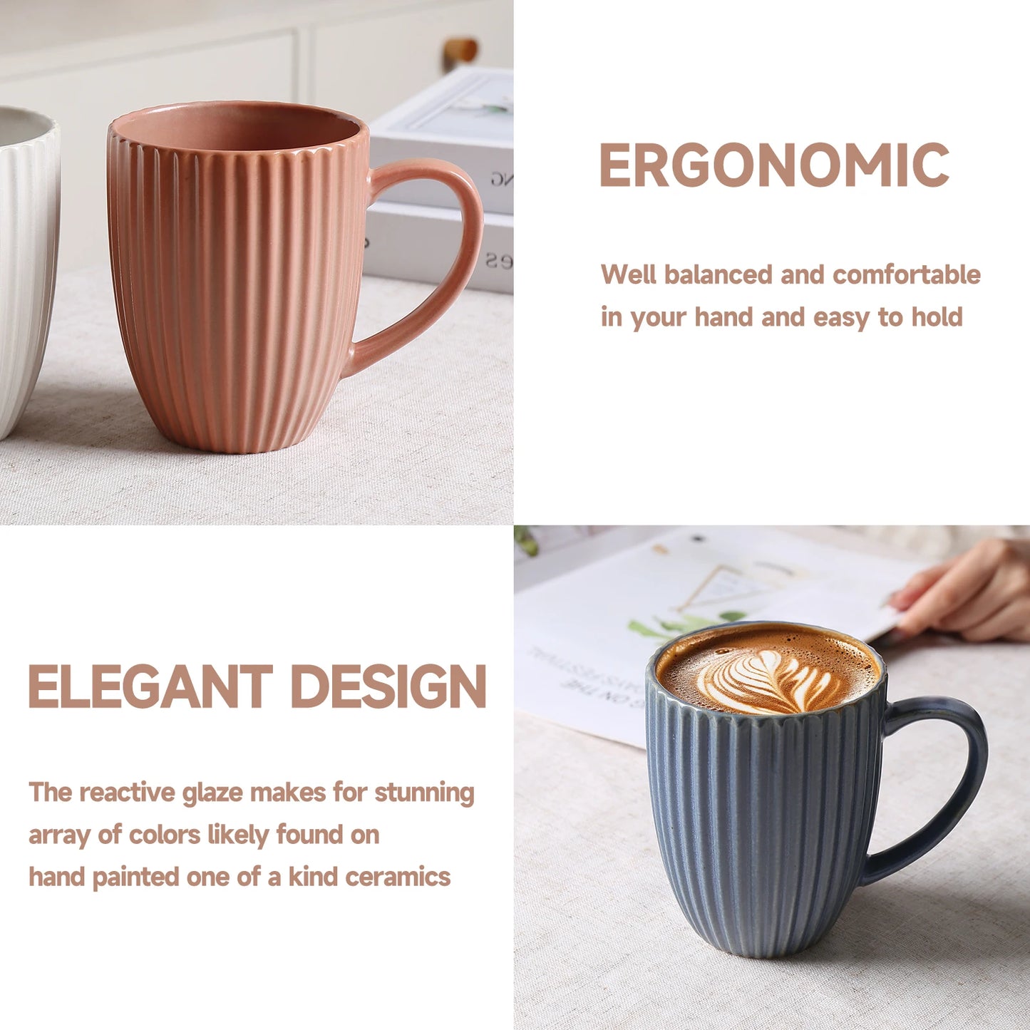 Modern 16oz Large Ceramic Coffee for Mugs Set of 4 Microwave & Dishwasher Safe Handle for Men & Women Gift Cup