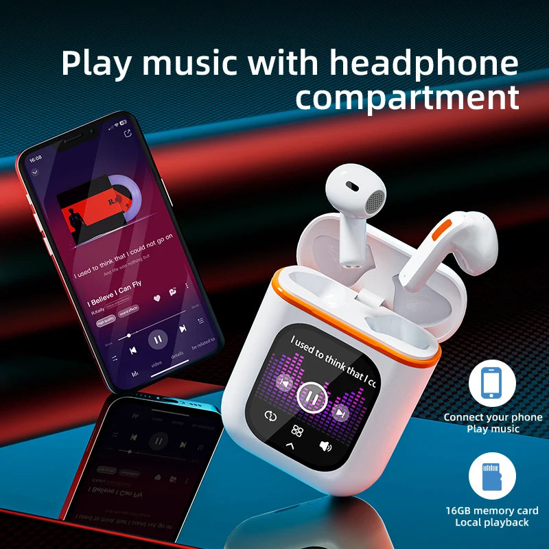 Air Pro Max K2 TWS Earphone New Arrival APP Control ENC LCD Smart Touch Screen Local Music TF Card True Wireless Earbuds