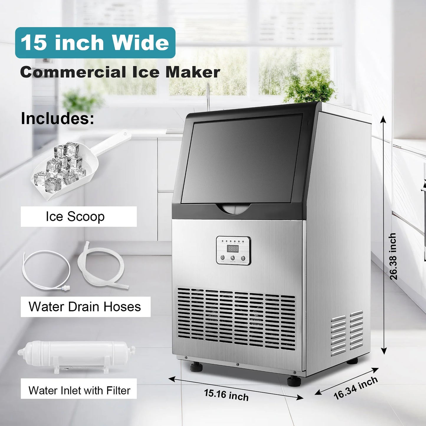 Commercial Ice Maker, 100lbs/24H Ice Maker Machine, Auto Self-Cleaning, LED Digital Display, Under Counter/Freestanding
