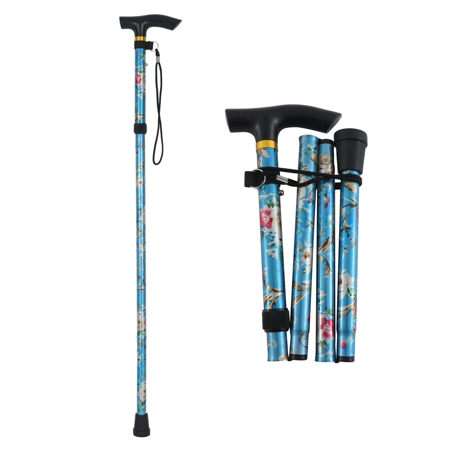 Comfortable T-Handle Printing Poles 5-Level Folding Walking Cane Lightweight Adjustable Portable Hand Walking Stick