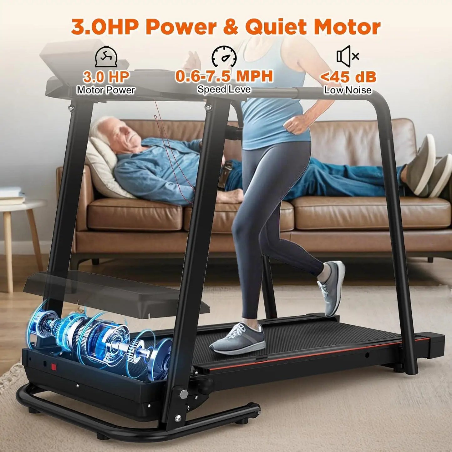 Walking Treadmill for Seniors with Long Handrail, LCD Display, 300 lbs Weight Capacity, 3 Control Modes, Cup Holder, 0.5-7.5 MPH