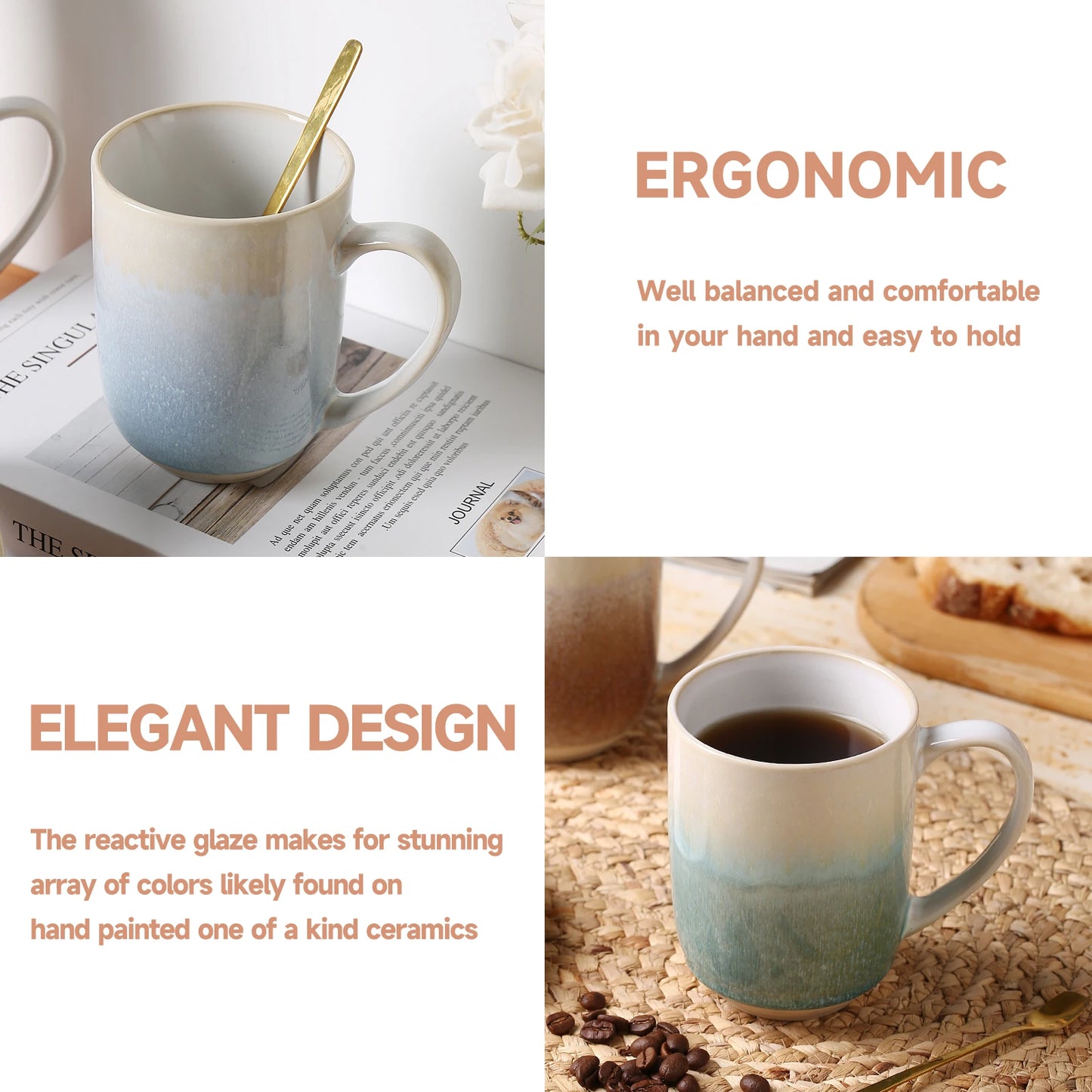 12oz Coffee Mugs Set with Handle / Ceramic Coffee Mugs / Set of 4