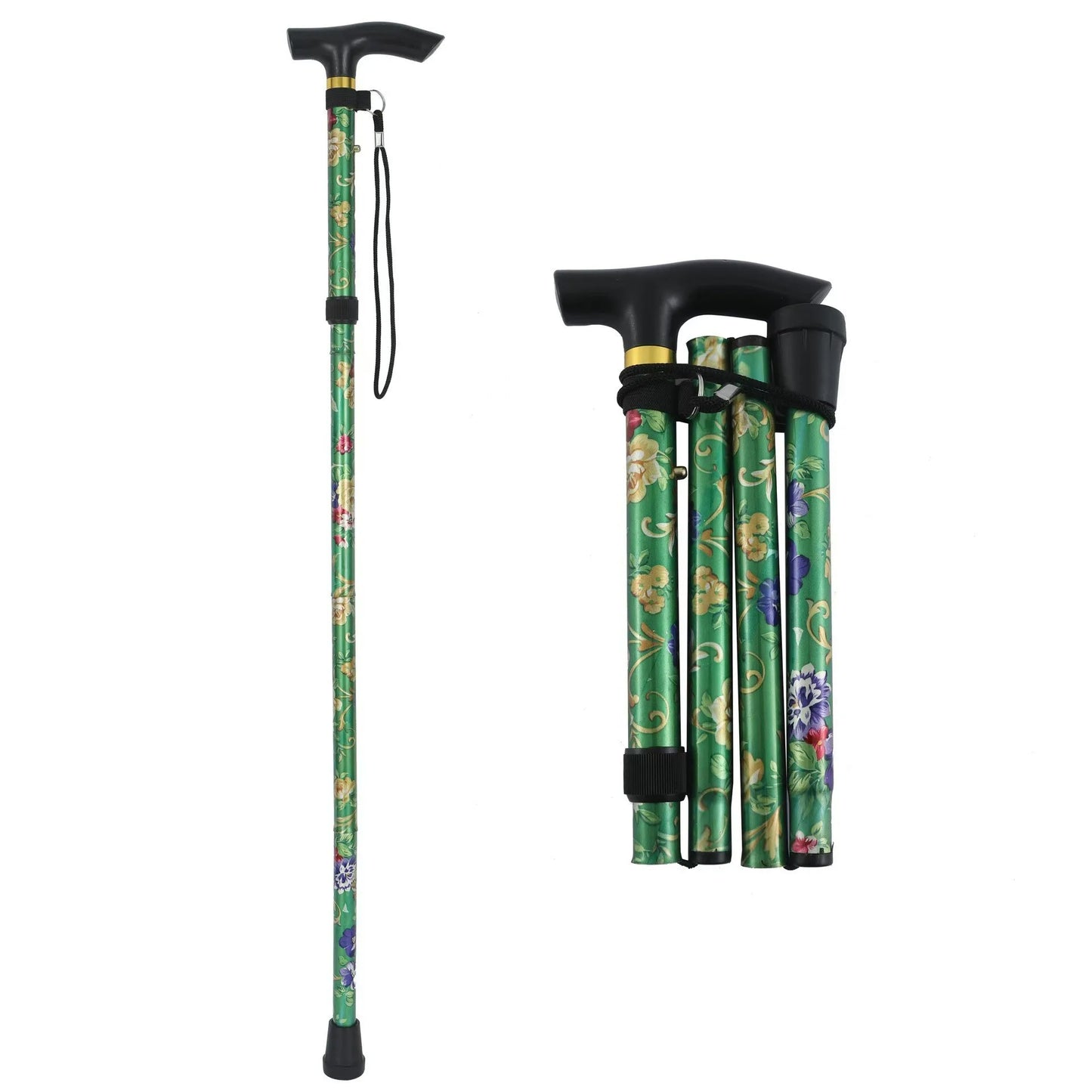 Comfortable T-Handle Printing Poles 5-Level Folding Walking Cane Lightweight Adjustable Portable Hand Walking Stick