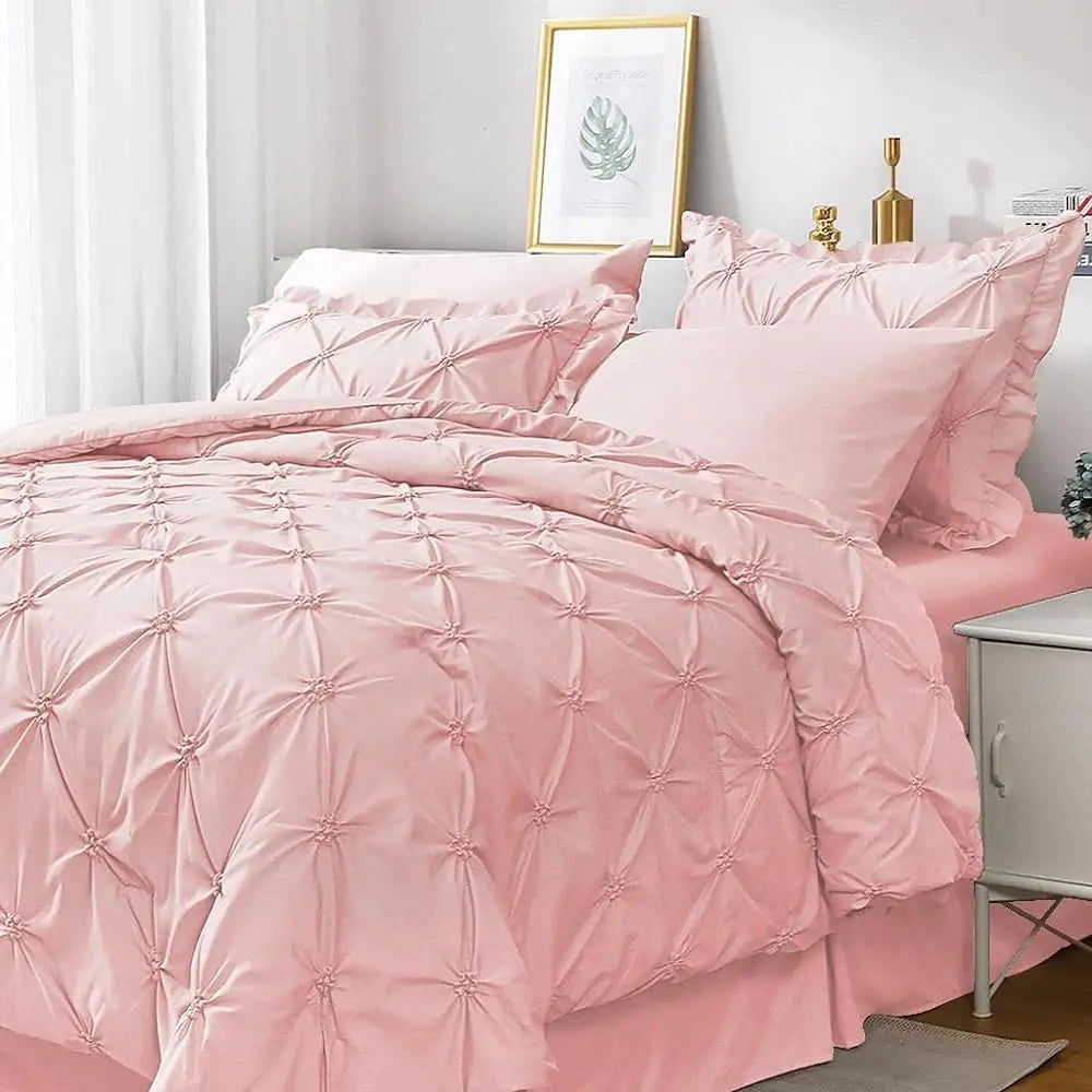 7-Piece Comfortable Bedding Set Pintuck & Ruffled Shams Full Size Pillowcases Bedroom Essentials