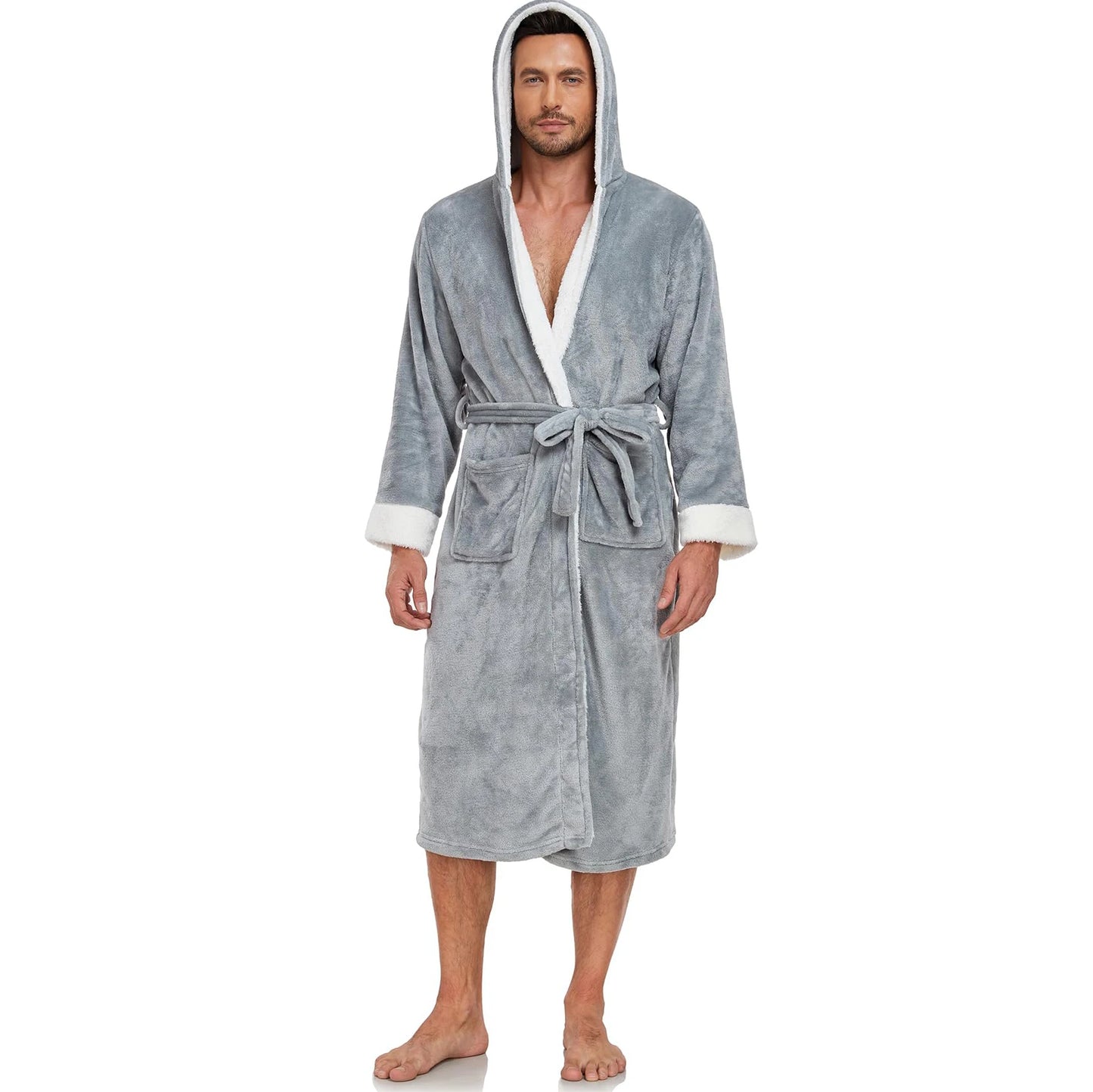 Usa Warehouse Discount Price Winter 5 Star Hotel Plush Hooded Fleece Long Bathrobes Pyjamas Men Sleepwear Stripe Bath Robe