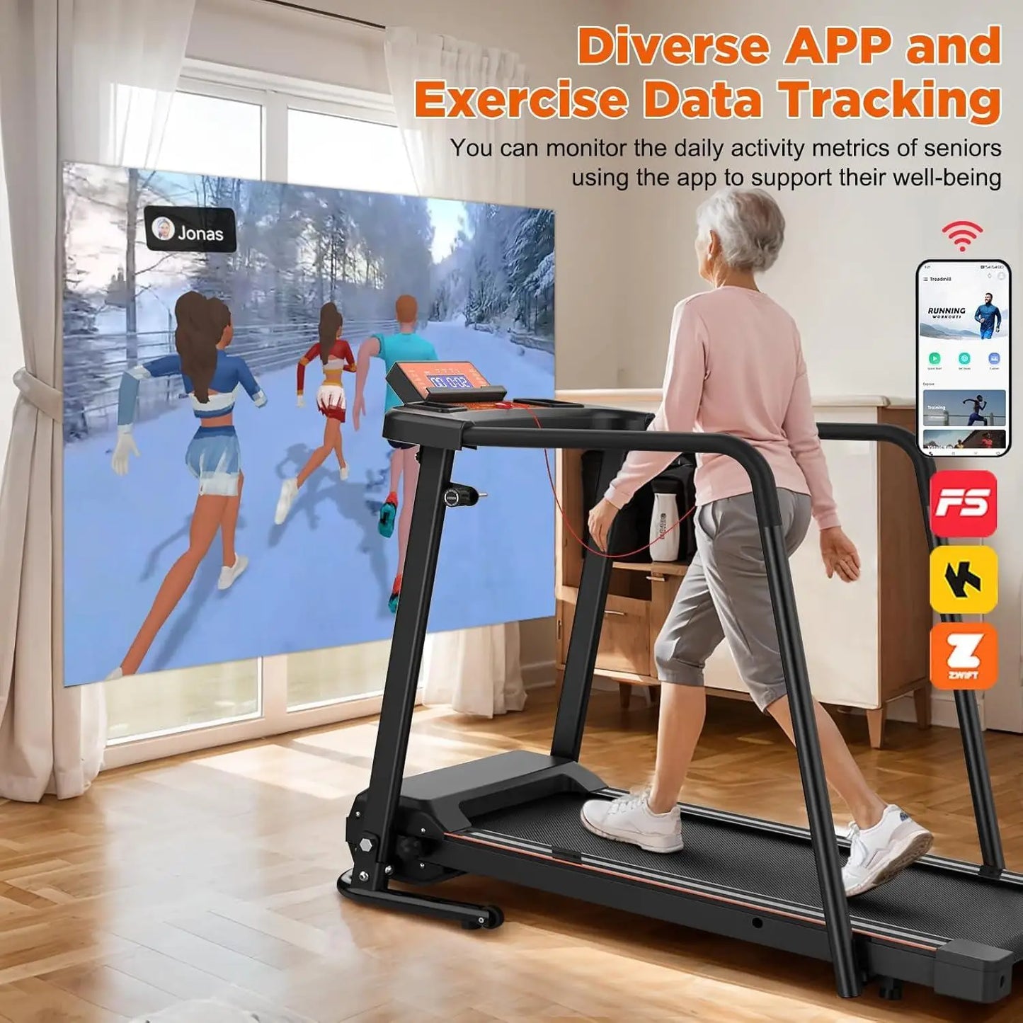 Walking Treadmill for Seniors with Long Handrail, LCD Display, 300 lbs Weight Capacity, 3 Control Modes, Cup Holder, 0.5-7.5 MPH