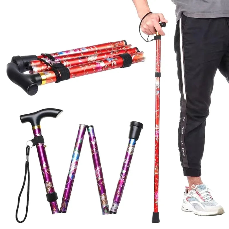Comfortable T-Handle Printing Poles 5-Level Folding Walking Cane Lightweight Adjustable Portable Hand Walking Stick