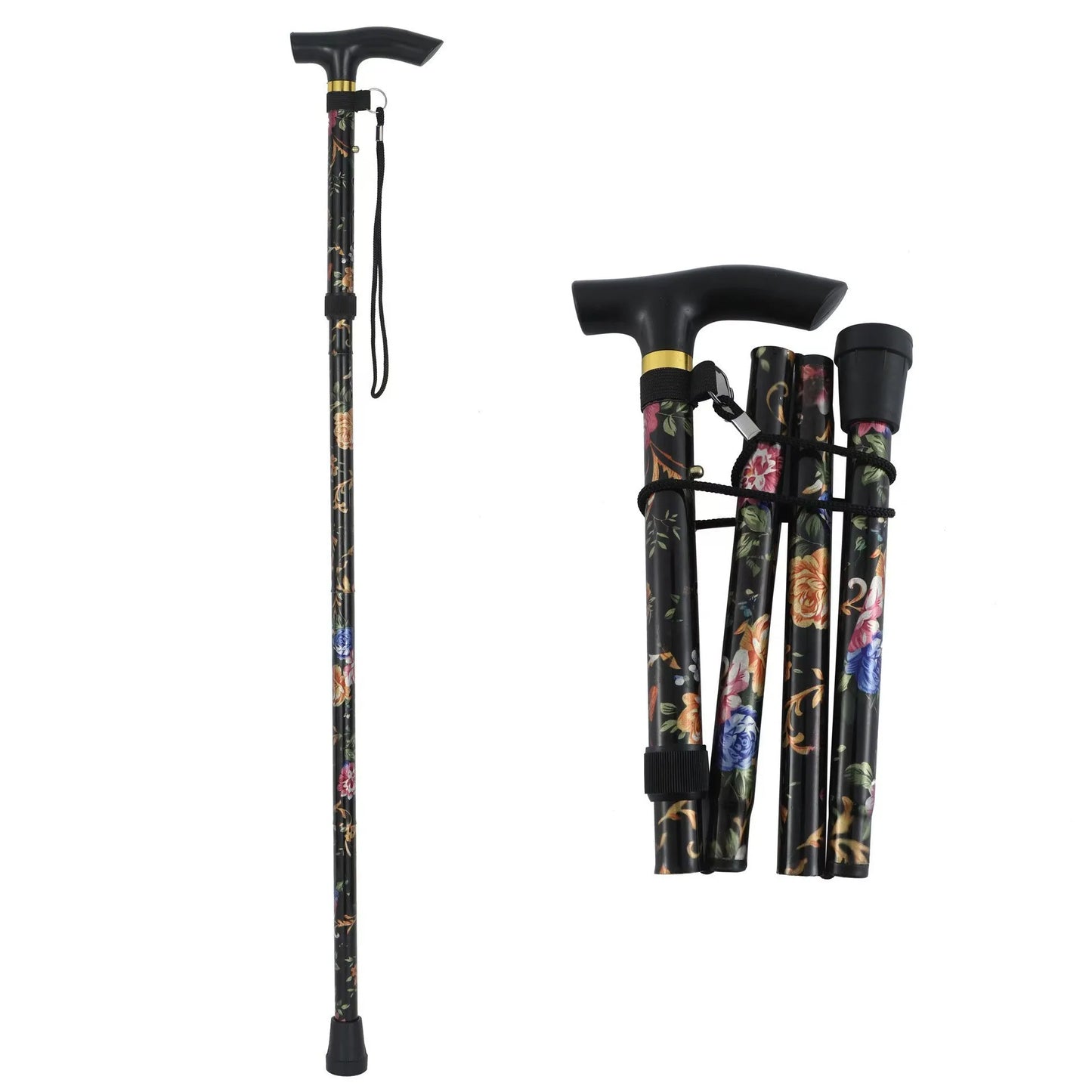 Comfortable T-Handle Printing Poles 5-Level Folding Walking Cane Lightweight Adjustable Portable Hand Walking Stick