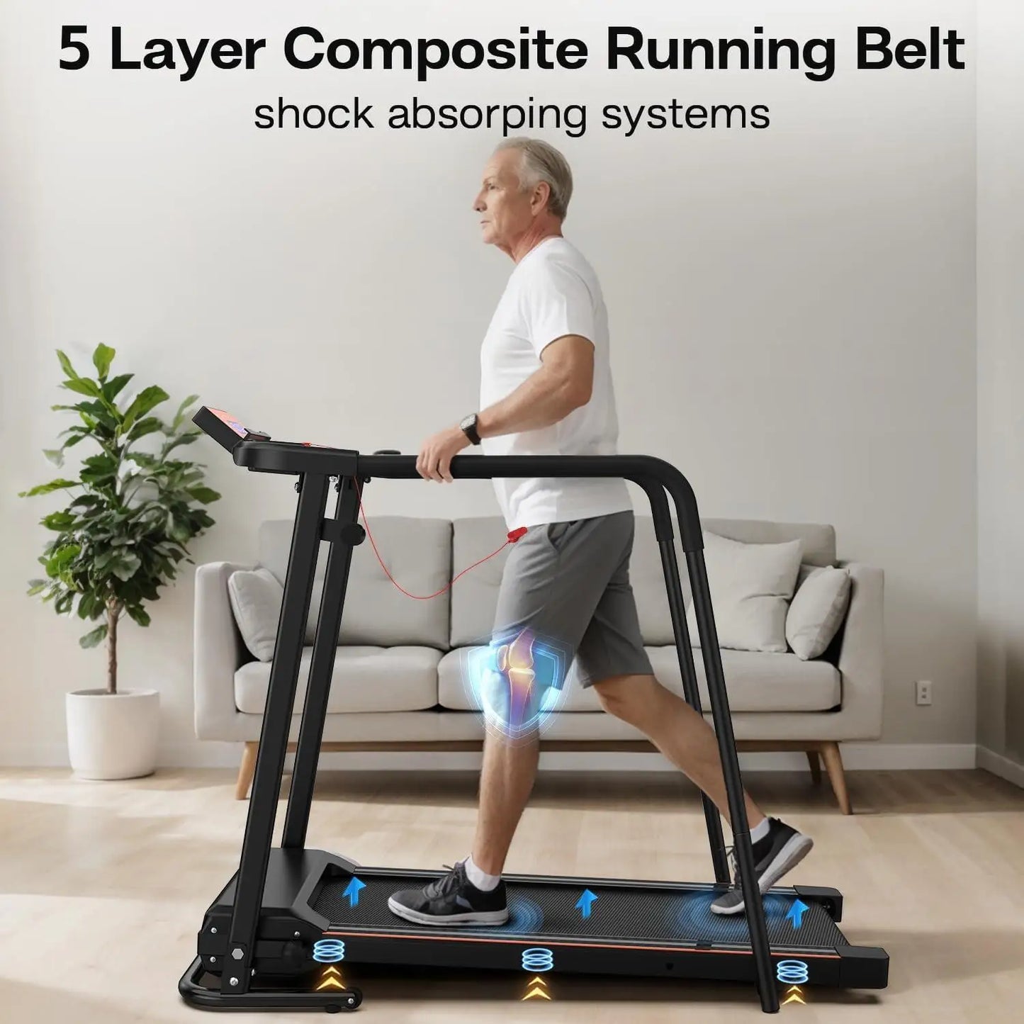 Walking Treadmill for Seniors with Long Handrail, LCD Display, 300 lbs Weight Capacity, 3 Control Modes, Cup Holder, 0.5-7.5 MPH