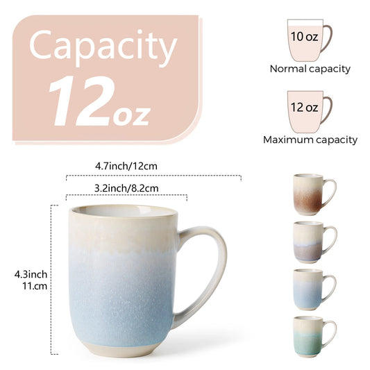 12oz Coffee Mugs Set with Handle / Ceramic Coffee Mugs / Set of 4