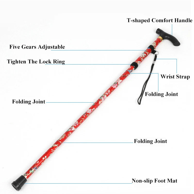 Comfortable T-Handle Printing Poles 5-Level Folding Walking Cane Lightweight Adjustable Portable Hand Walking Stick