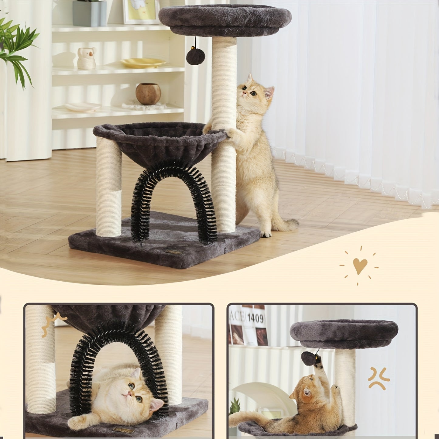 FluffyDream 27.8" Multi-Level Cat Tree Tower for Indoor Cats & Kittens - Creamy Gray Cat Furniture with Scratching Posts, Plush Basket & Perch, Dangling Ball Toy, Sturdy Base & Anti-Topple Design - Easy Assembly, Modern Home