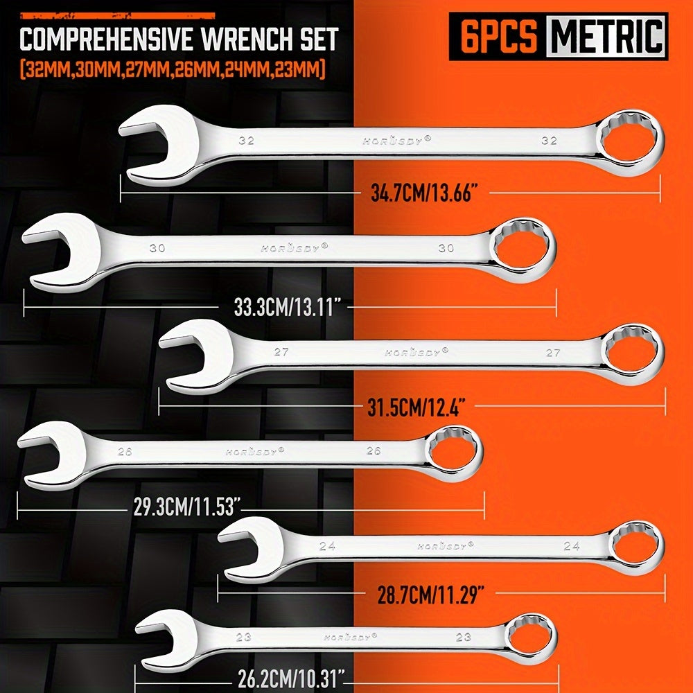 HORUSDY Large Wrench Set With Rolling Pouch 6-Piece SAE Metric 12 Point Chrome Vanadium Steel