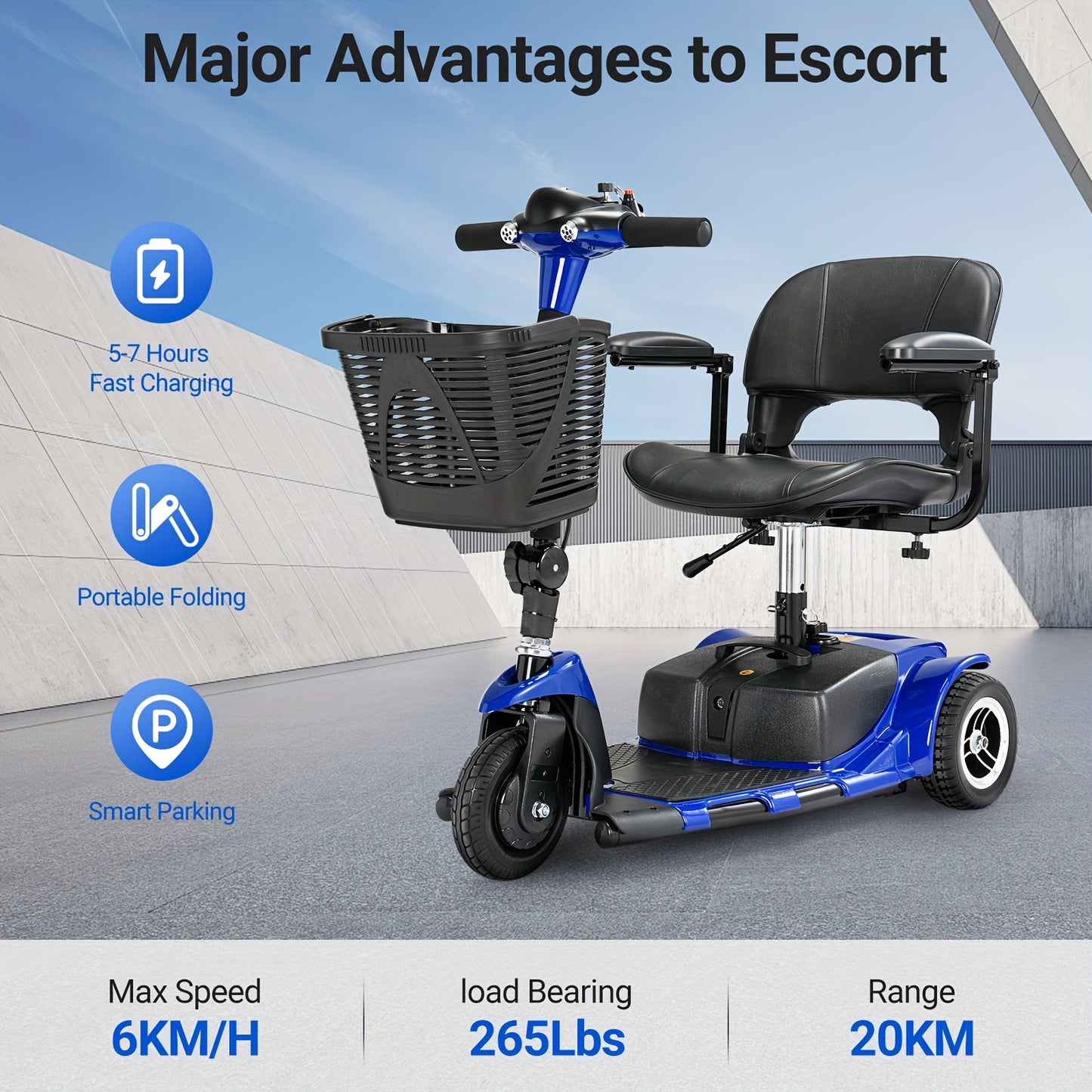 BMBMT 3 Wheel Electric Mobility Scooter With Basket And Light, High-Performance Folding Electric Scooter, Mobility Scooter Foldable For Adults, 20 Km Long Range, Maximum Speed 6km/h, Motor Power-180W