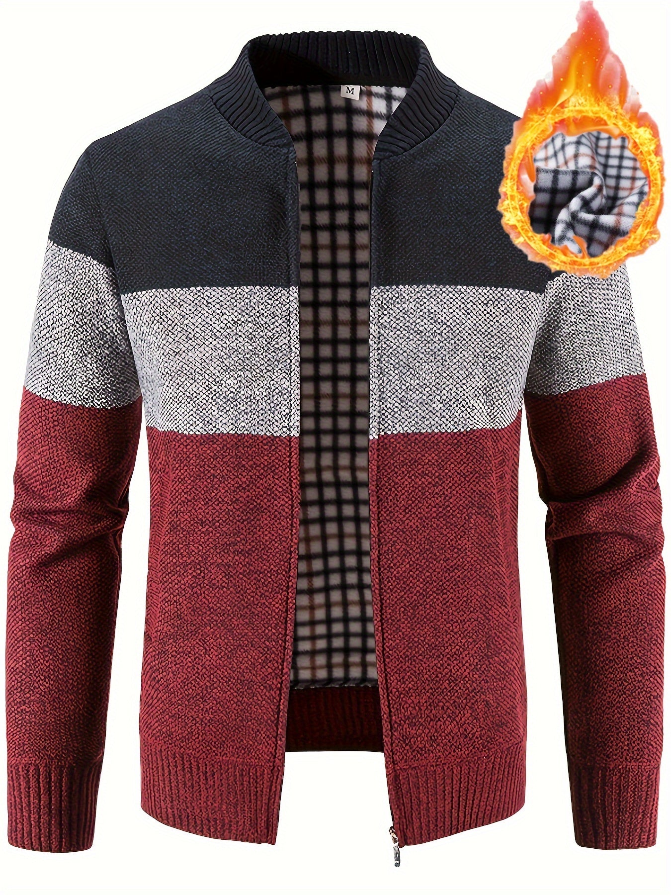 Men'S Casual High Neck Fleece Jacket, Color Block Knit Polyester Cardigan, Mid Stretch Zip-Up Fall/Winter Outerwear, Regular Fit with Placket Closure, Thick